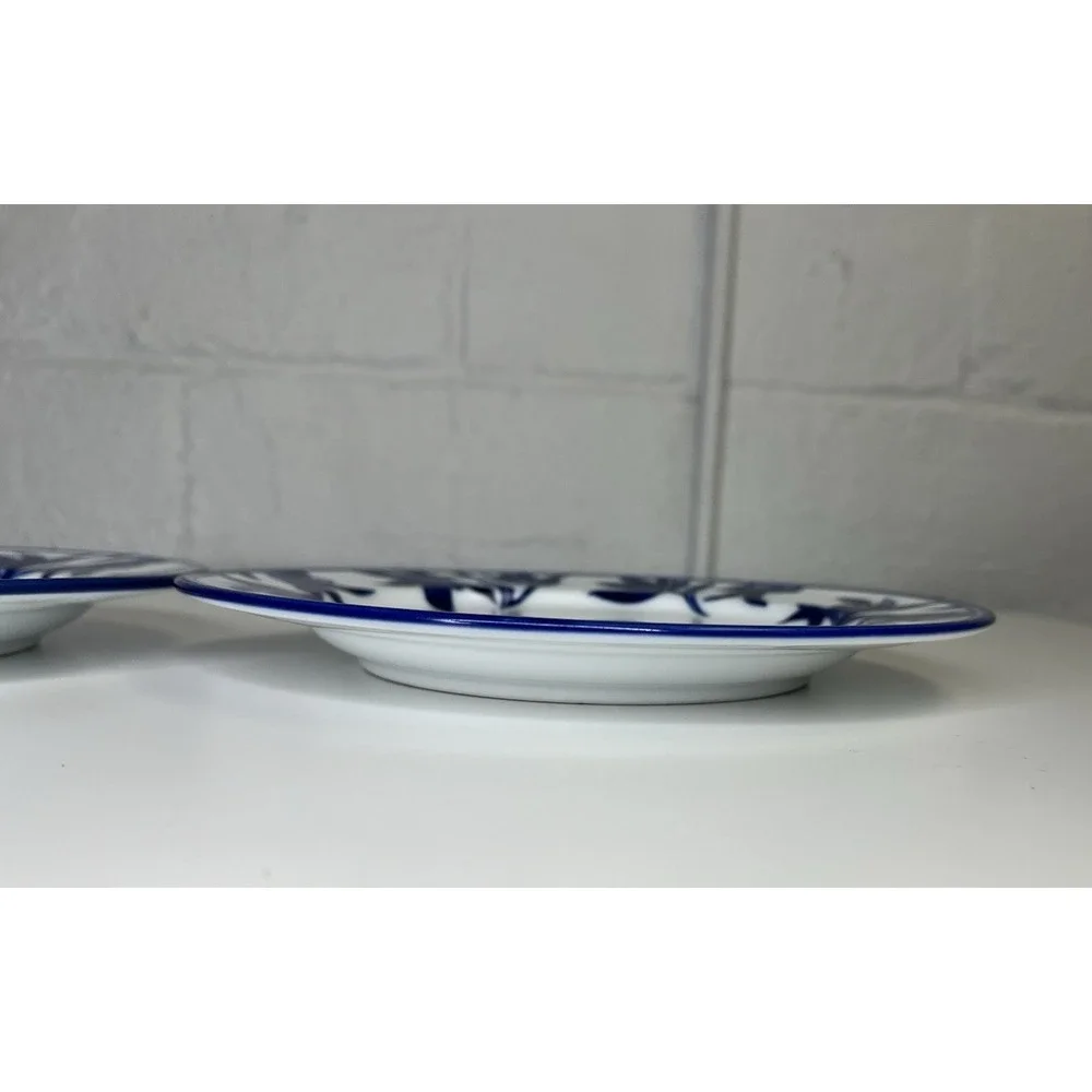 Pier 1 Ming White Cobalt Blue Salad Plate Set of 2 Leaves & Flowers Asian Glossy